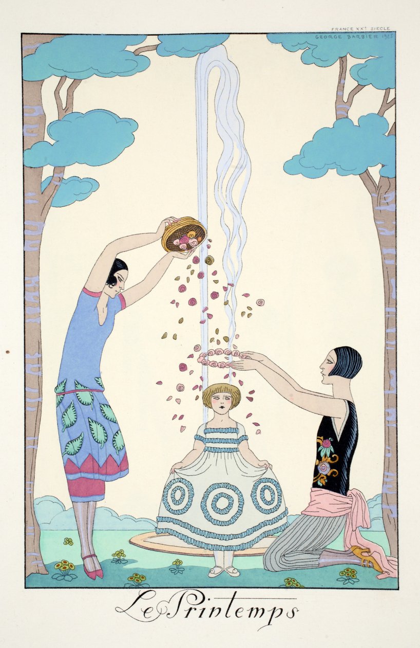 Tavasz a „Falbalas és Fanfreluches, Jelen, Múlt és Jövő módok almanachjából” alkotó: Georges Barbier