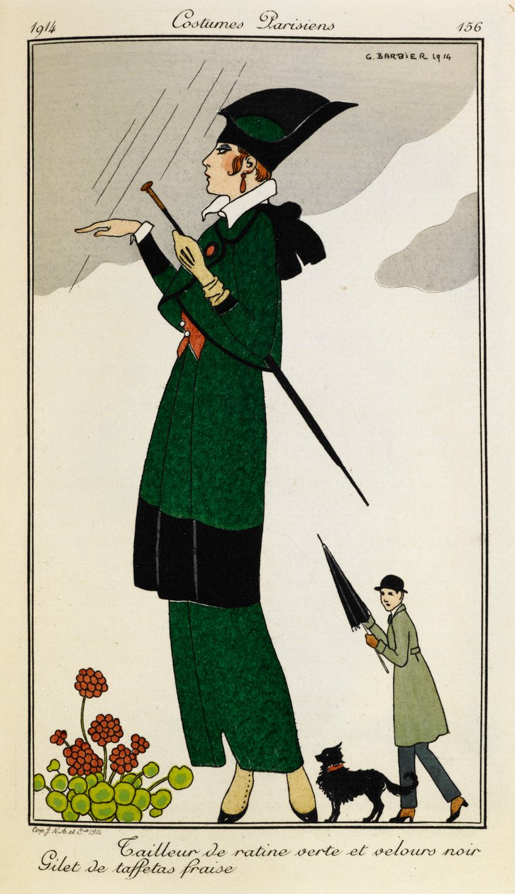 Tailleur de ratine verte et velours noir. Gilet de taffetas fraise. Zöld és fekete selyemből készült, szabott ruhát viselő nő epres selyemmellénnyel. Személy egy kabátban esernyővel és egy kutyával a háttérben. Jelmezek Parisiens. alkotó: Georges Barbier