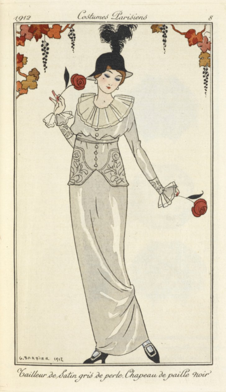 – Gyöngyszürke szatén öltöny, fekete szalmakalap. alkotó: Georges Barbier