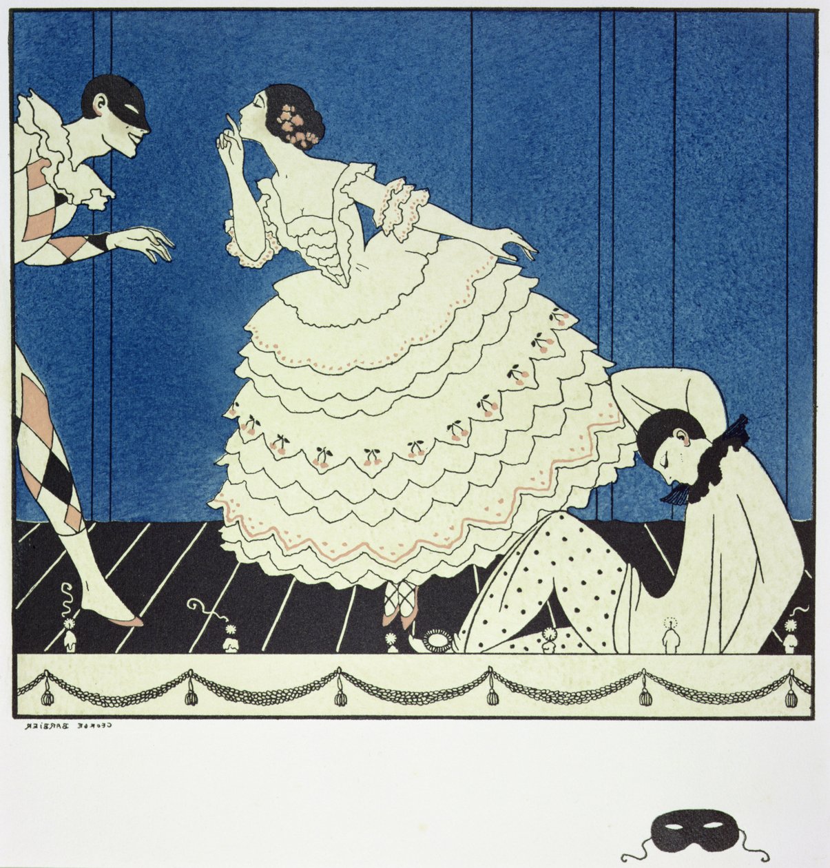 Tamara Karsavina (1885-1978) Columbine-ként, Vaslav Nijinsky (1890-1950) Harlekinként és Adolph Bolm (1884-1951) Pierrot-ként Fokine „Karneváljában” 1910-ben, kocsma. 1914 (pochoir print) alkotó: Georges Barbier