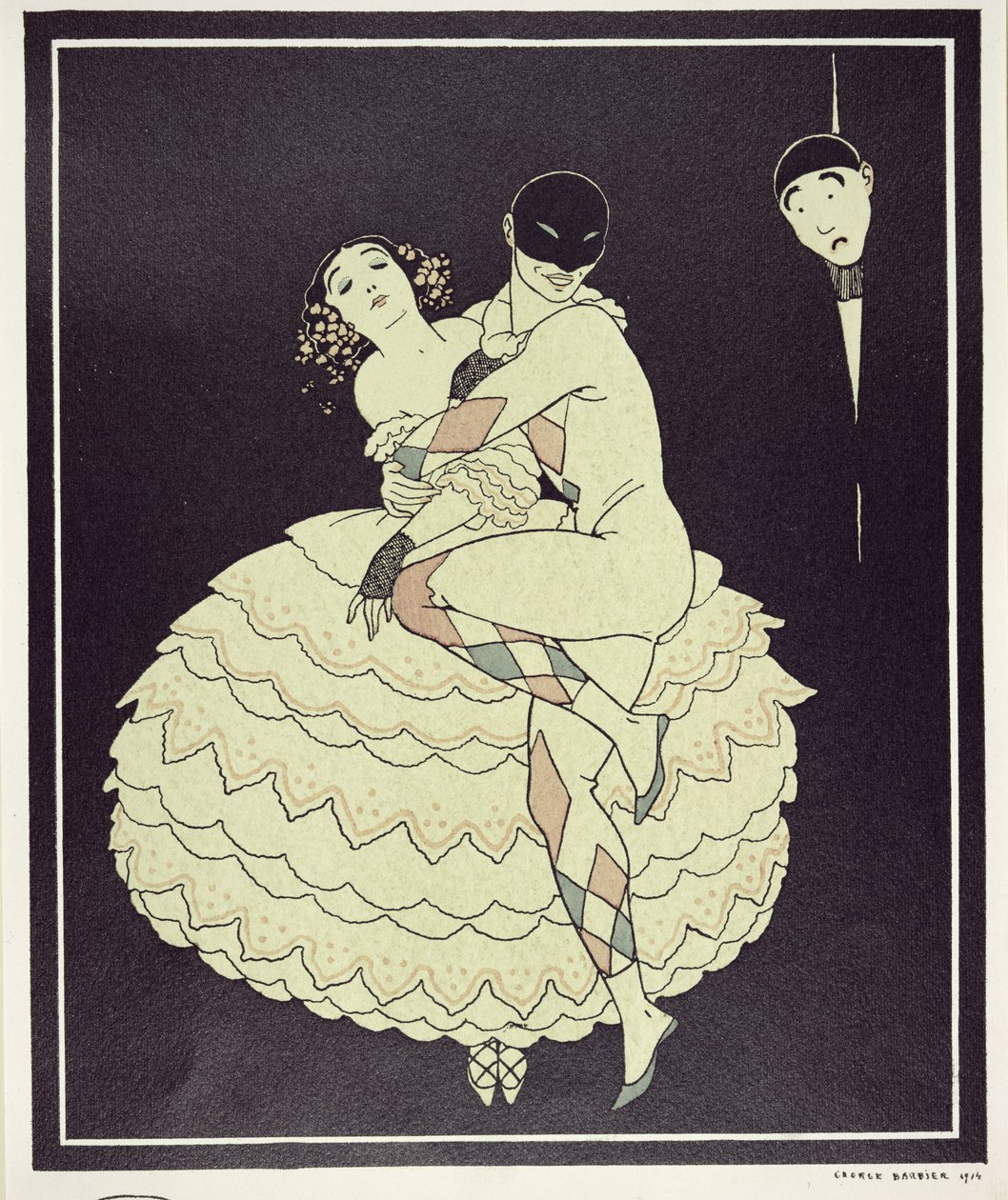 Tamara Karsavina (1885-1978) Columbineként és Vaslav Nijinsky (1890-1950) Harlekinként Fokine „Karneváljában” 1910-ben, kocsma. 1914 (pochoir print) alkotó: Georges Barbier