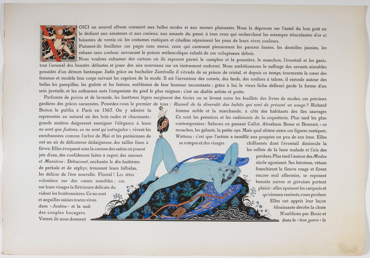 Szöveg és egy meztelen figura, kék színű. alkotó: Georges Barbier