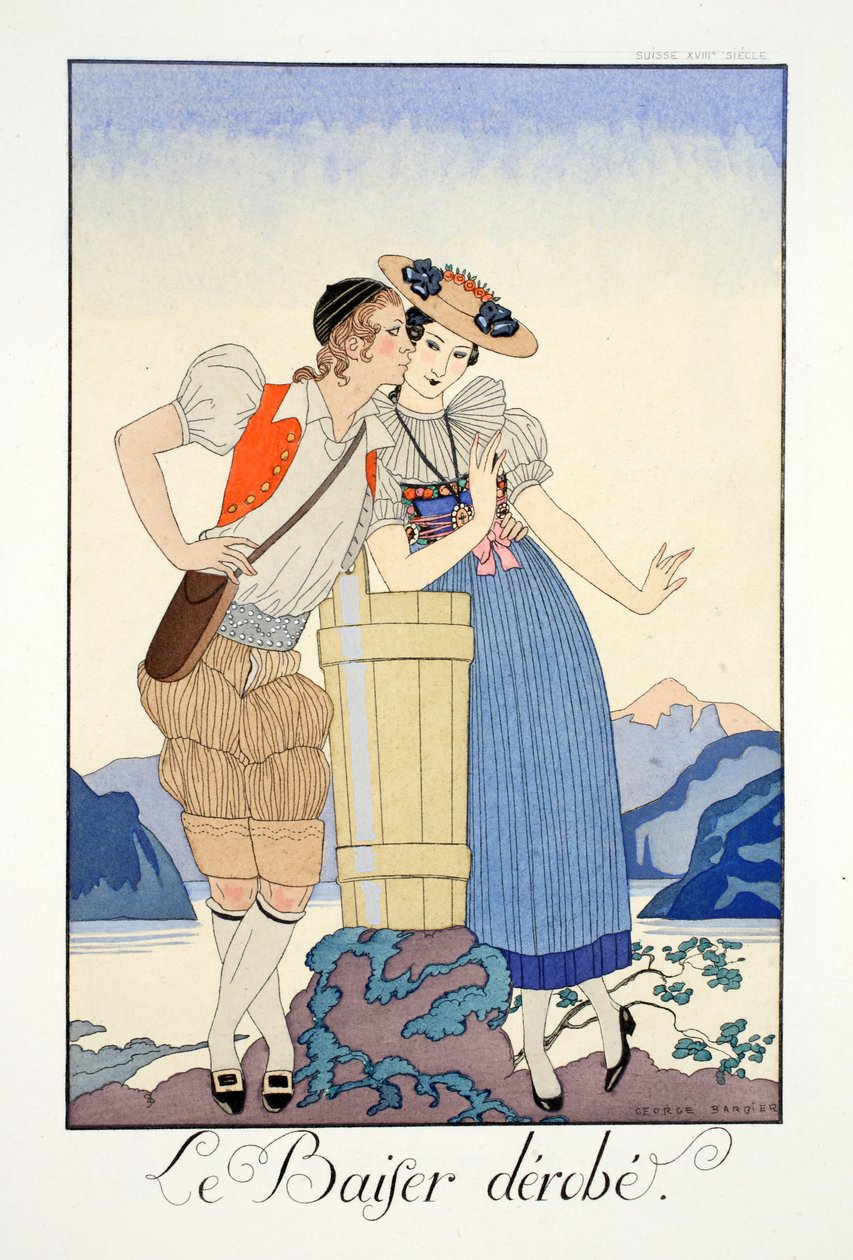 Az ellopott csók a „Falbalas et Fanfreluches, A jelen, múlt és jövő módozatainak almanachjából” alkotó: Georges Barbier