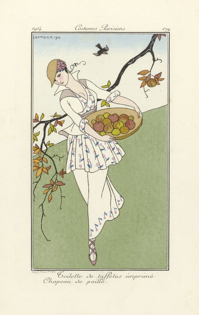 Nyomtatott taft pipere, szalmakalap, a Costume Parisiens-től, 1914. évi pub. (stencilnyomat) alkotó: Georges Barbier
