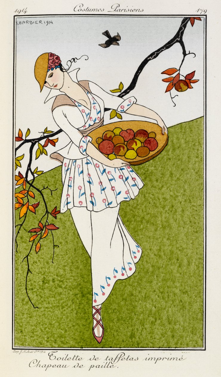 Toilette de taffetas imprime chapeau de paille. Jelmezek Parisiens no.179. Egy nő, aki selyemmintás ruhát és szalmakalapot visel. Egy tál gyümölcsöt cipel. alkotó: Georges Barbier