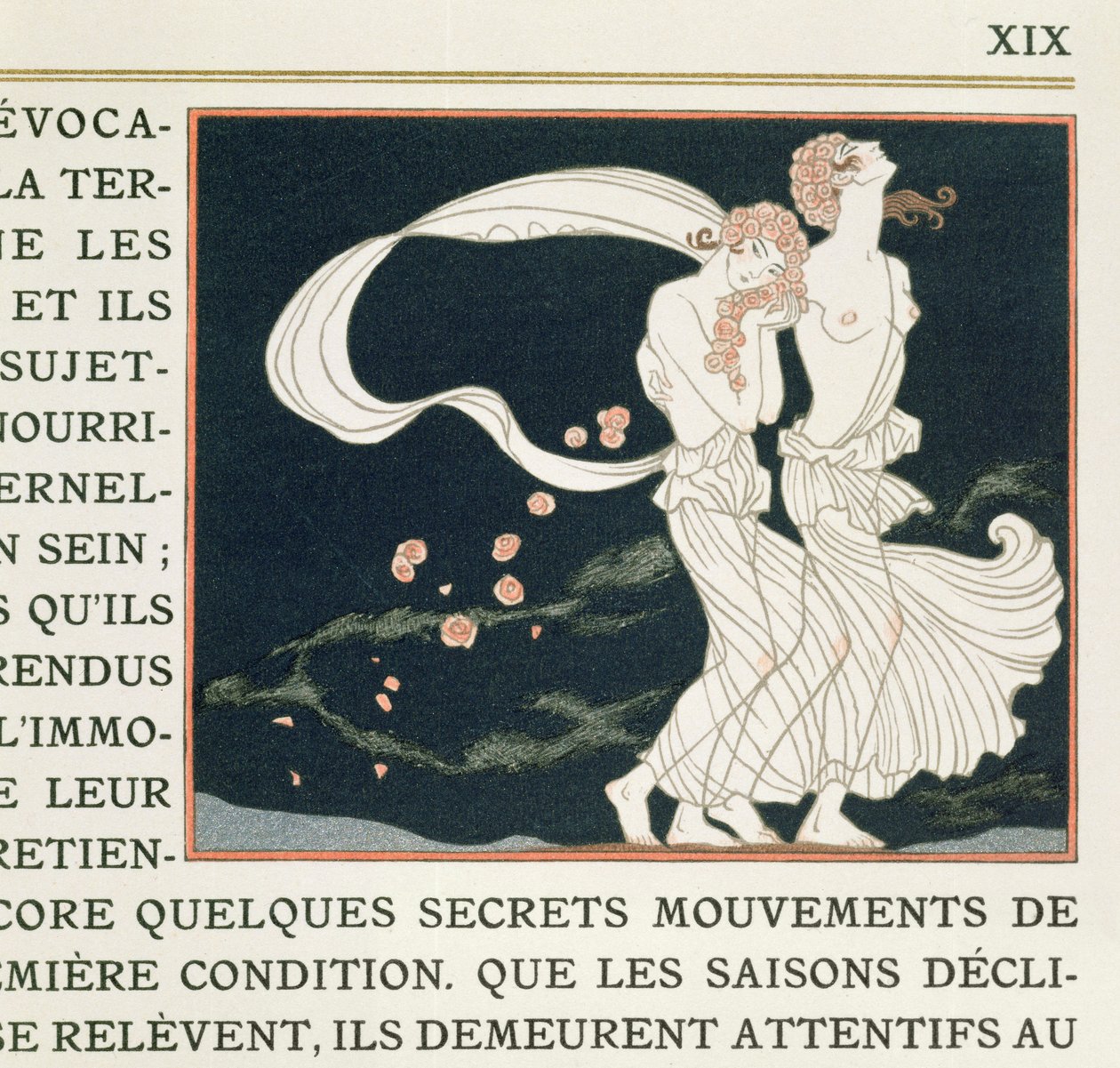 Két görög stílusban öltözött lány, Paul Valery (1871-1945) „Les Mythes” című illusztrációja, 1923-ban megjelent (pochoir print) alkotó: Georges Barbier