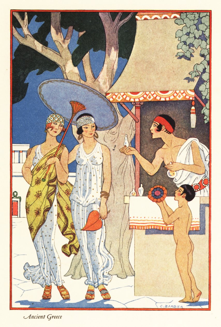 Két nő vásárol egy parfümárus standján az ókori Görögországban, 1928 (nyomtatás) alkotó: Georges Barbier
