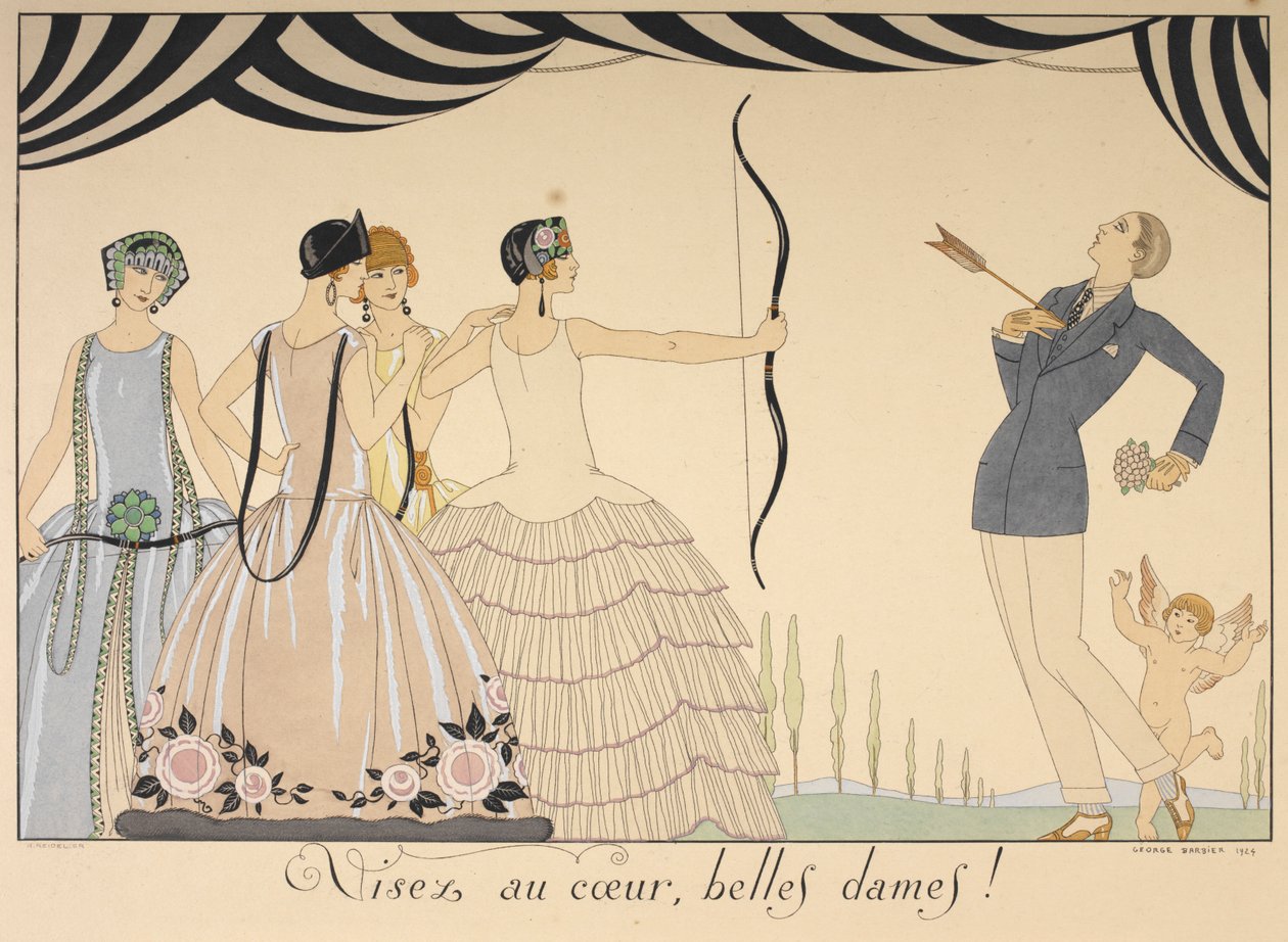Visez au coeur, belles dames. Cél a szív hölgyek. Egy nő szíven lő egy férfit nyíllal. alkotó: Georges Barbier