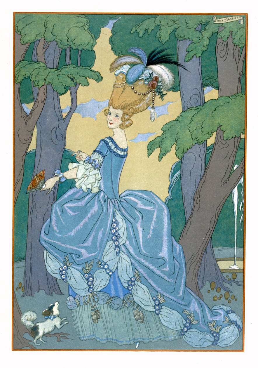 Séta az erdőben, Paul Verlaine (1844-96) „Fetes Galantes” című illusztrációja, 1928 (pochoir print) alkotó: Georges Barbier