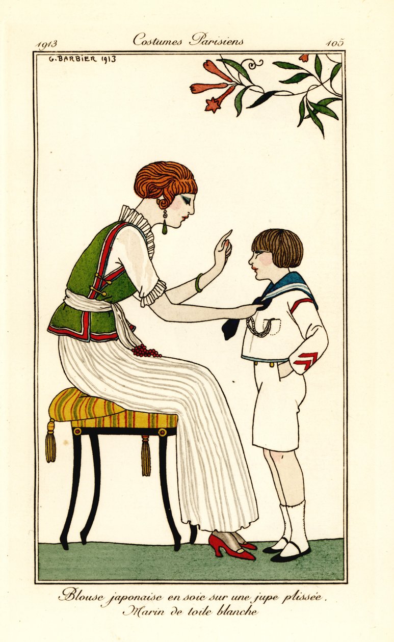 Nő japán selyemblúzban és hosszú redős szoknyában alkotó: Georges Barbier
