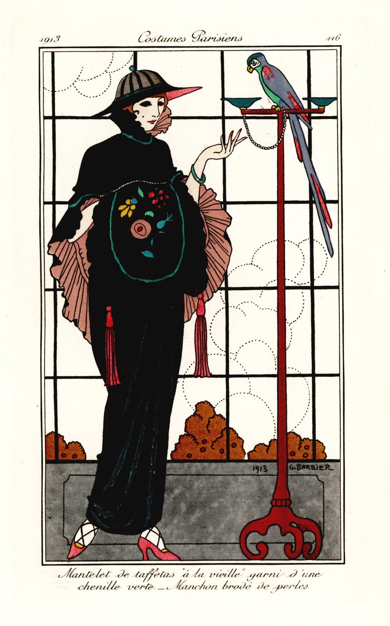 Nő egy régi-taft köpenyben egy papagájjal alkotó: Georges Barbier