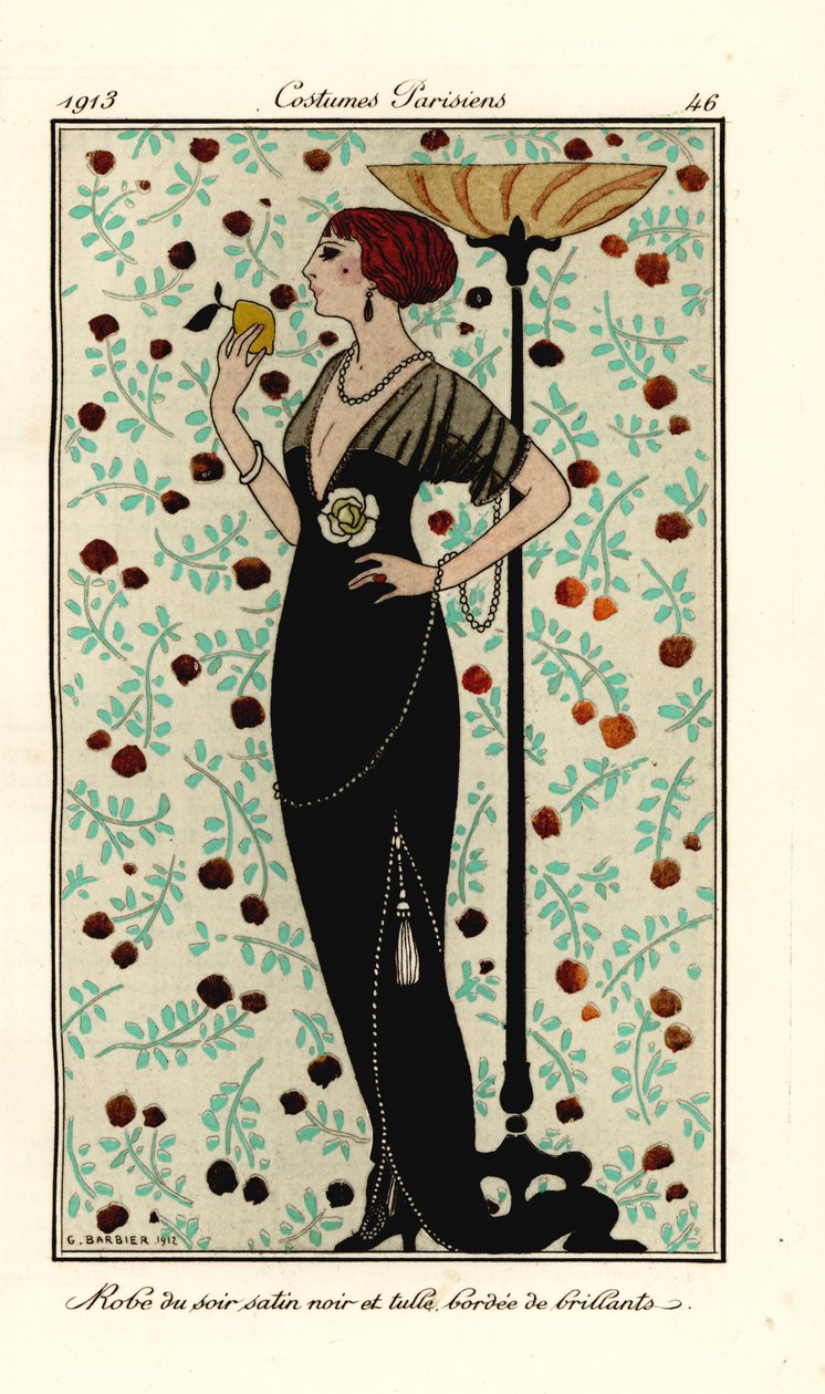 Nő fekete szatén és tüll estélyiben, briliáns szegéllyel. Köntös de soir satin noir et tüll, bordee de brillants. Kézzel színezett pochoir (stencil) rézkarc George Barbier illusztrációja nyomán Tommaso Antongini Journal des Dames et des Mo című művéből alkotó: Georges Barbier