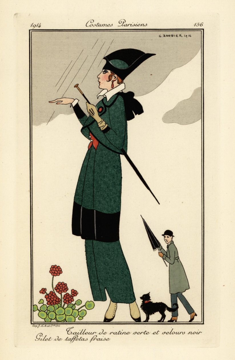 Nő zöld ratine és fekete bársony öltönyben. alkotó: Georges Barbier