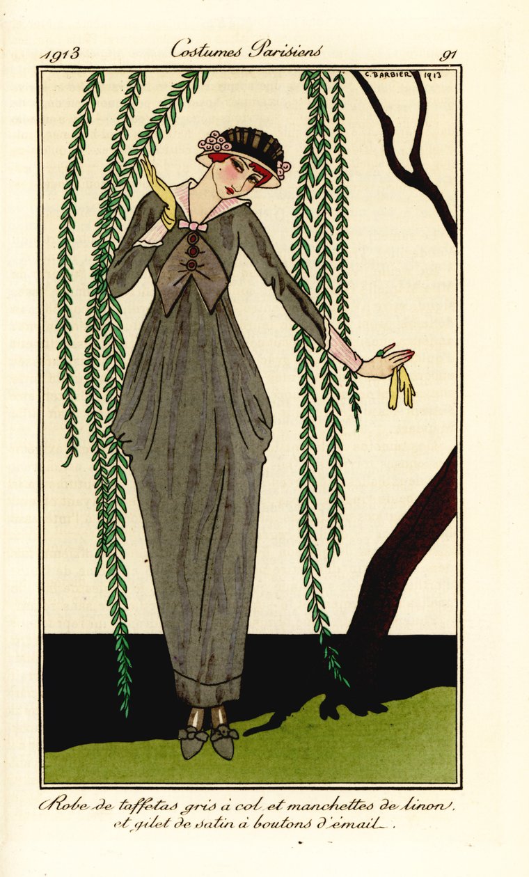 Nő szürke taft ruhában, vászongallérral és mandzsettával, szatén zománcozott gombokkal, fűzfa alatt. Robe de taffetas gris a col et manchettes de linon, et gilet de satin a boutons d’email. Kézi színű pochoir (stencil) rézkarc illusztráció után alkotó: Georges Barbier
