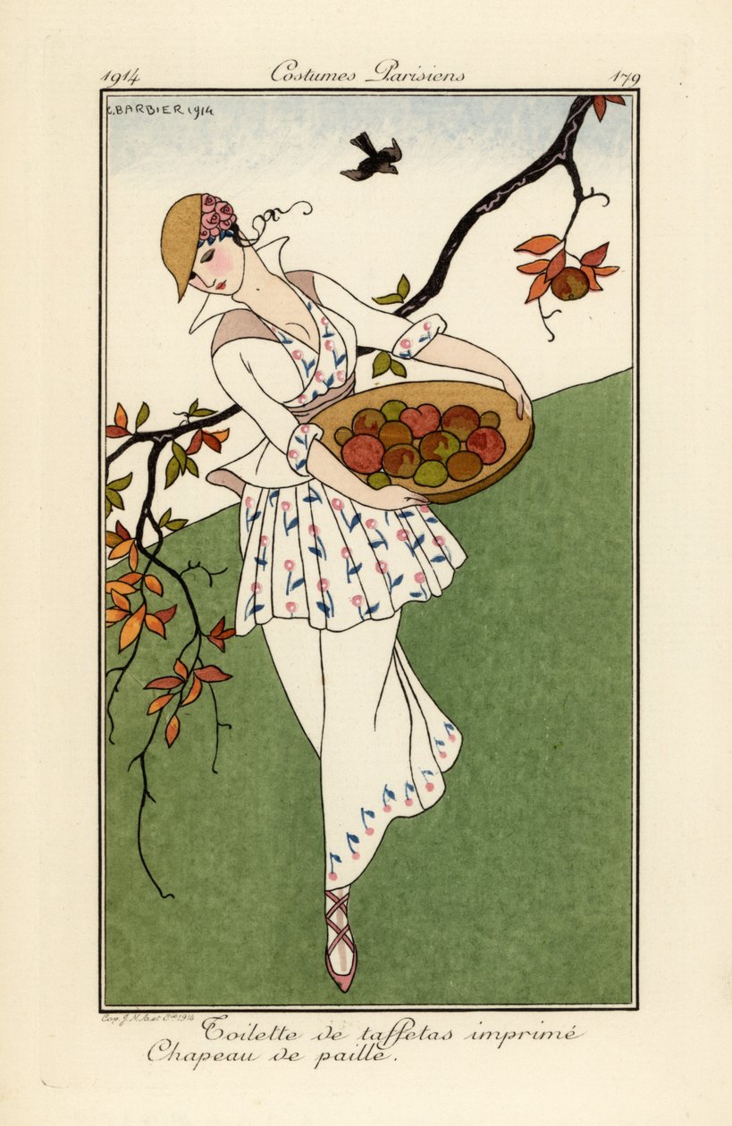 Nő szalmakalapban és nyomtatott taft ruhában. alkotó: Georges Barbier