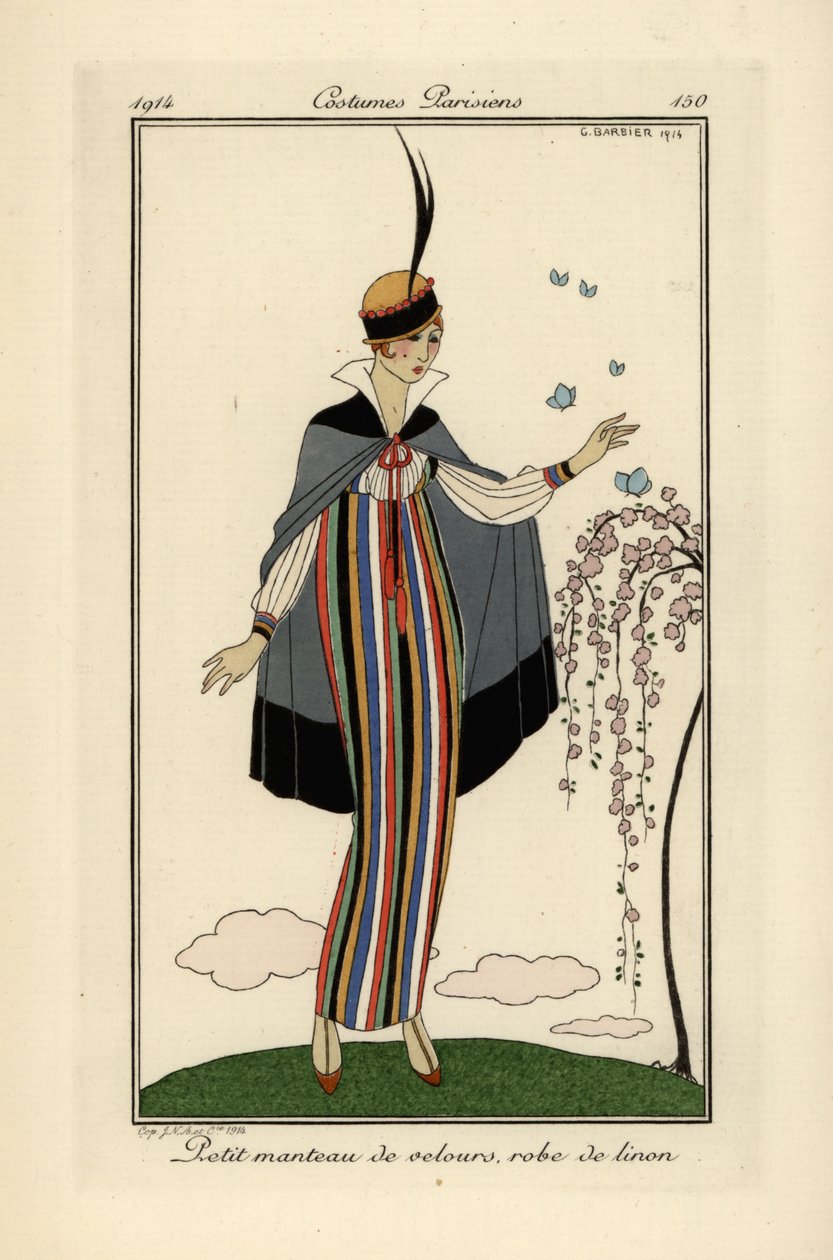 Nő csíkos vászonruhában, rövid bársonykabáttal. alkotó: Georges Barbier