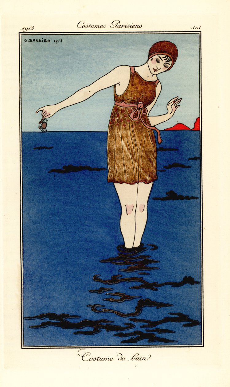 Nő úszóruhában bokáig a tengerben a tengerparton, kezében egy rák. Costume de bain. Kézzel színezett pochoir (stencil) rézkarc George Barbier illusztrációja nyomán Tommaso Antongini Journal des Dames et des Modes, Aux Bureaux du Journal című művéből alkotó: Georges Barbier