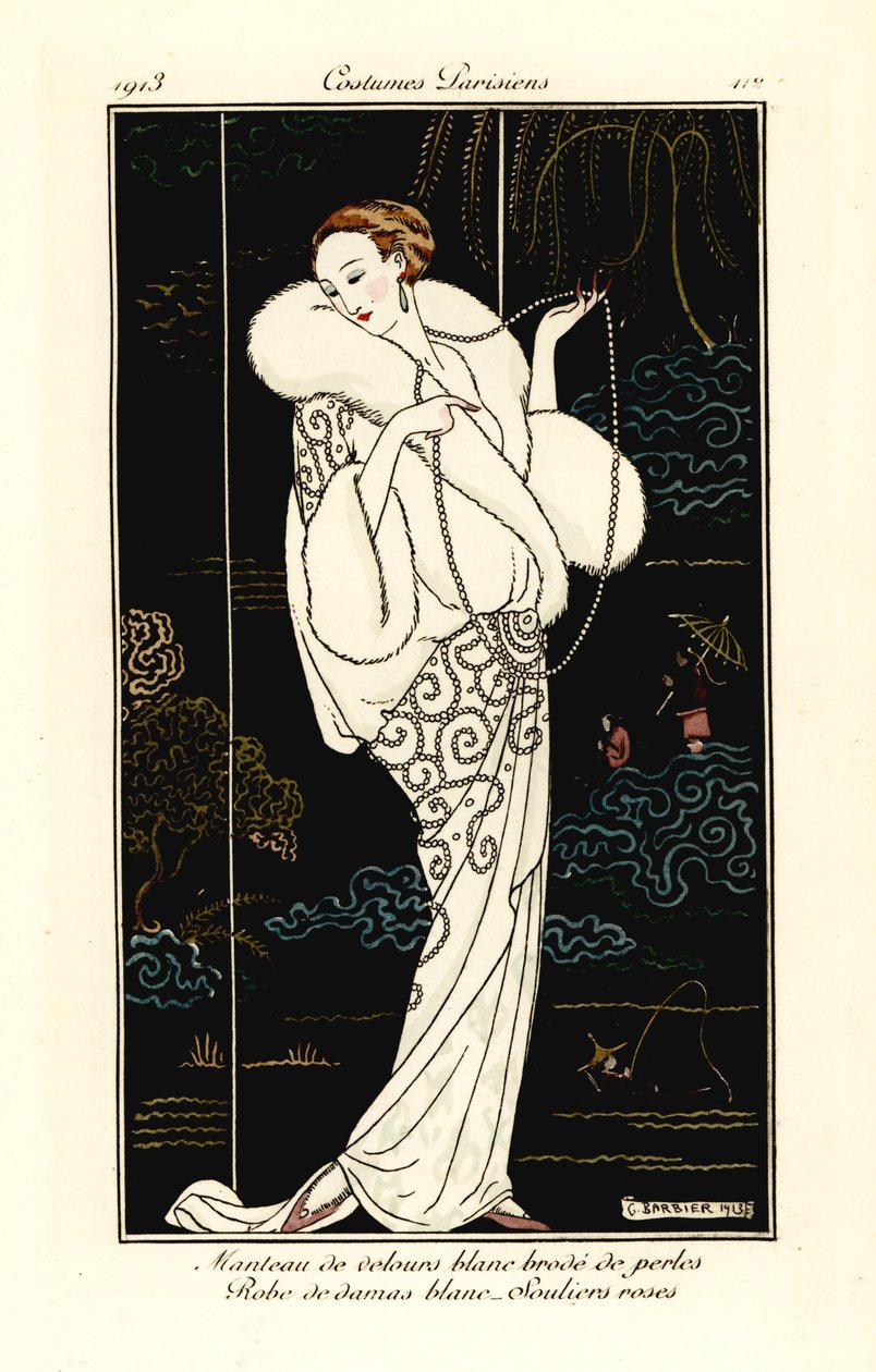 Nő bársony köpenyt, damaszt ruhát és rózsaszín papucsot. alkotó: Georges Barbier