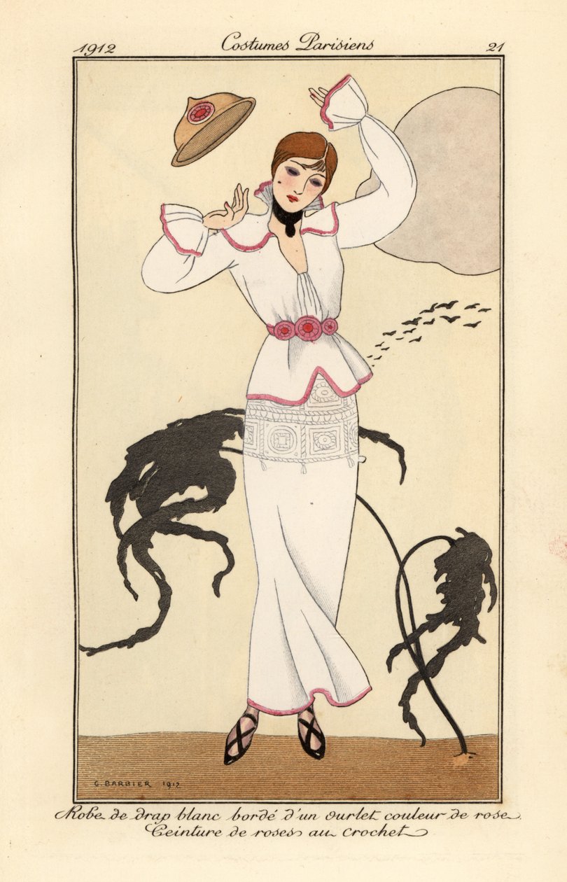 Nő fehér gyapjú ruhában, rózsaszín díszítéssel, horgolt rózsaövvel, elveszti a kalapját a szélben. Robe de drap blanc borde d’un ourlet couleur de rose, ceinture des roses en crochet. Kézi színű pochoir (stencil) rézkarc George Barbi illusztrációja alapján alkotó: Georges Barbier