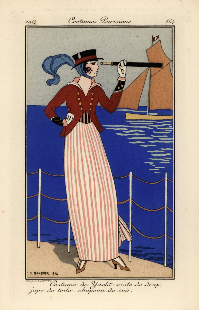 Nő vitorlásruhában, aki teleszkópot tart. alkotó: Georges Barbier