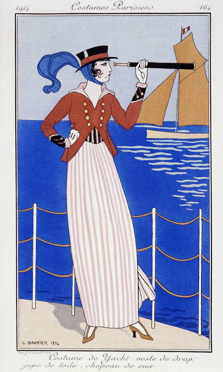 Nő, aki hosszú távon néz, jachtöltönyben - Fashion 1914 alkotó: Georges Barbier