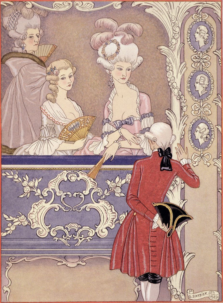 Nők a színházi dobozban, Pierre Choderlos de Laclos (1741-1803) „Les Liaisons Dangereuses” című illusztrációja, az 1920-as években megjelent (pochoir print) alkotó: Georges Barbier