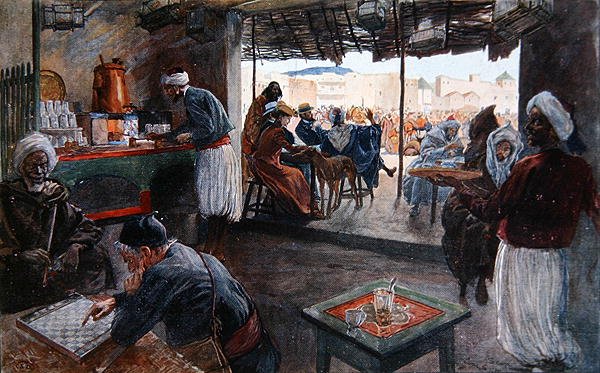 Egy kávézó Marokkóban, 1900 körül (színes litó) alkotó: Georges Bertin Scott