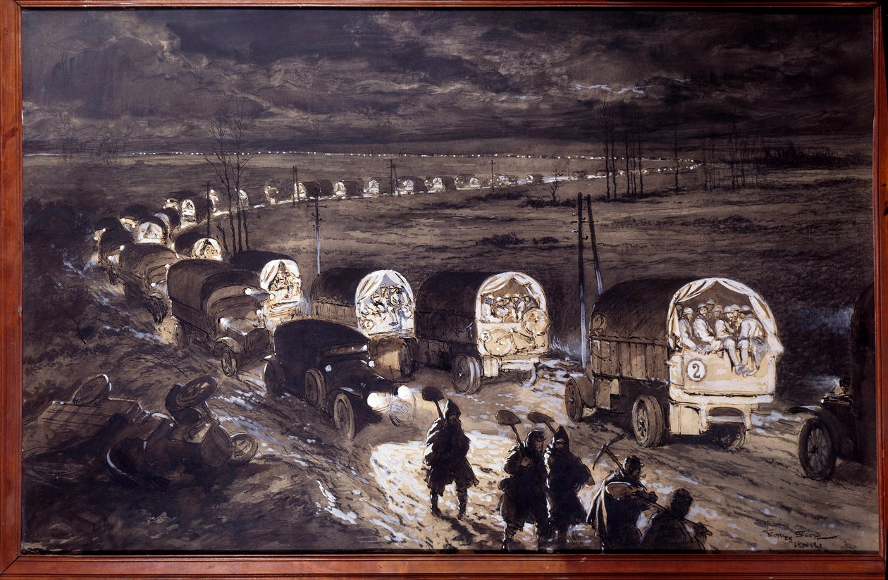 Első világháború (1914-1918): „Verdun szent útja” Georges Bertin Scott (1873-1942) akvarellje, Scott de Plagnolles. 1916. március V. 0,7x1,1 m Párizs, musee de l