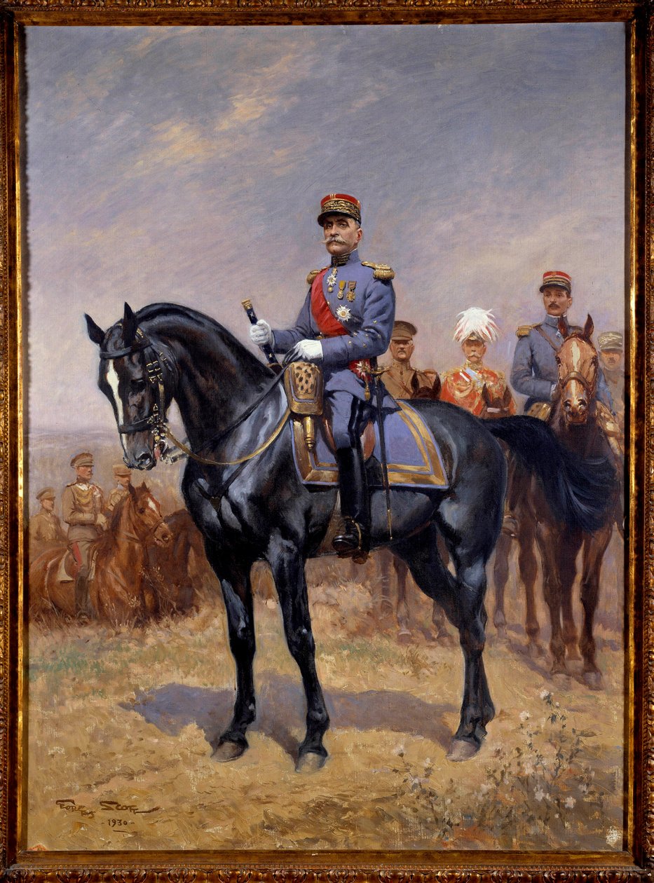 Első világháború: „Ferdinand Foch (1851-1929) francia marechal lovas portréja”” Mögötte Douglas Haig, Armando Diaz és Maxime Weygang. Georges Bertin Scott (1873-1942) festménye Scott de Plagnolles 1930 V. 1,25x0,92 m. Párizs, Musee d alkotó: Georges Bertin Scott