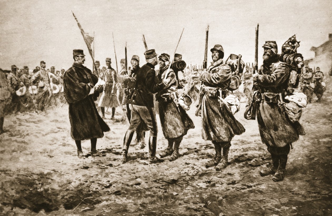 Tisztelet a bátraknak a lővonalban: egy francia tábornok átadja az elismerést a katonai éremmel kitüntetett férfiaknak a The Illustrated War News-ból alkotó: Georges Bertin Scott