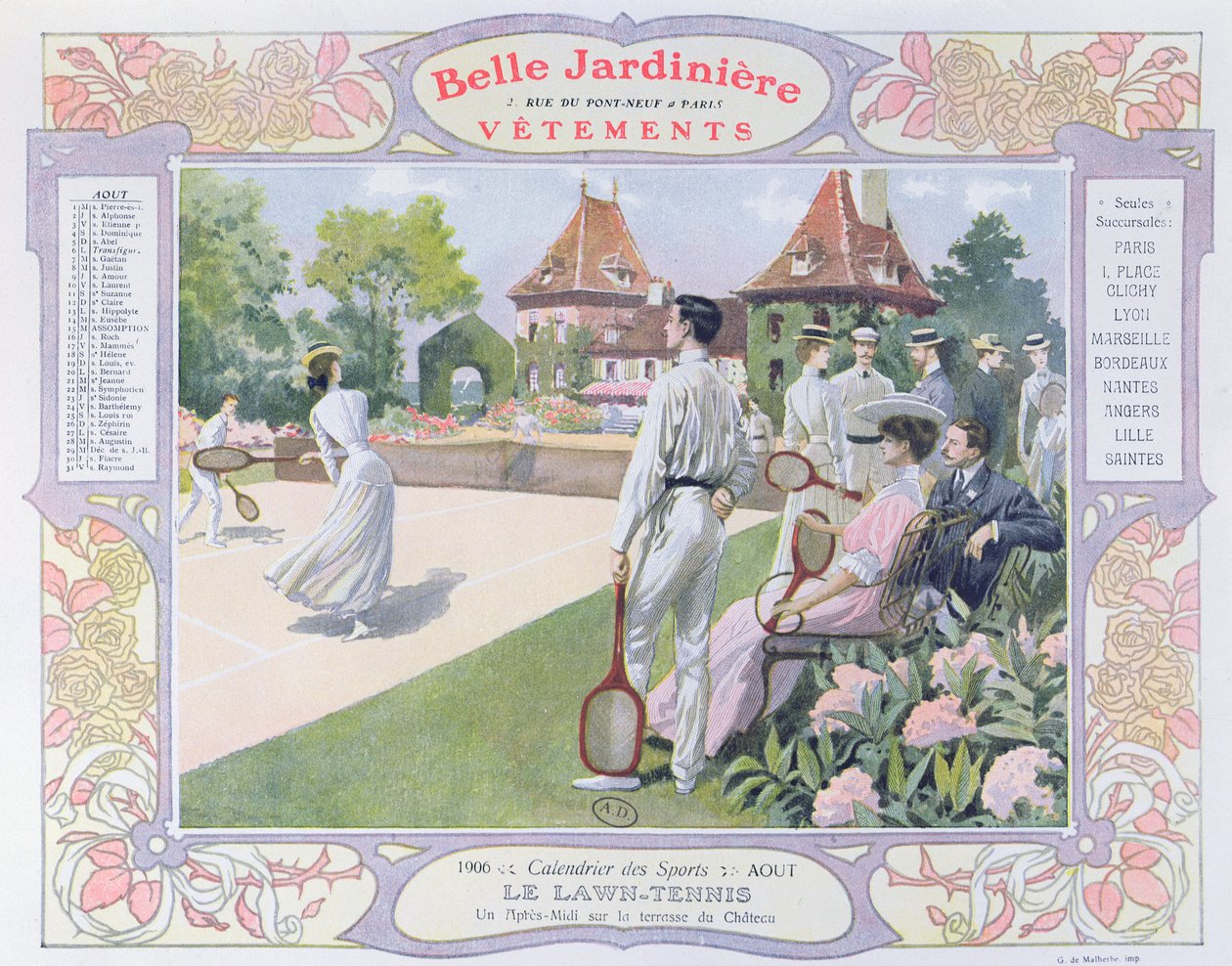 Lawn Tennis, augusztusi illusztráció a „La Belle Jardiniere” ruhaüzlet naptárából, 1906 alkotó: Georges Bertin Scott