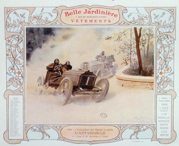 Motorverseny, júniusi illusztráció a „La Belle Jardiniere” ruhabolt naptárából alkotó: Georges Bertin Scott