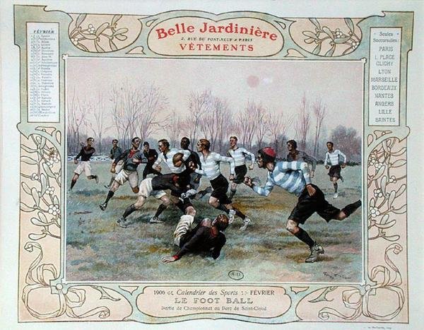 Rögbi, februári illusztráció a „La Belle Jardiniere” ruhaüzlet naptárából alkotó: Georges Bertin Scott