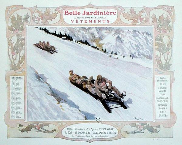 Szánkózás, decemberi illusztráció a „La Belle Jardiniere” ruhabolt naptárából alkotó: Georges Bertin Scott
