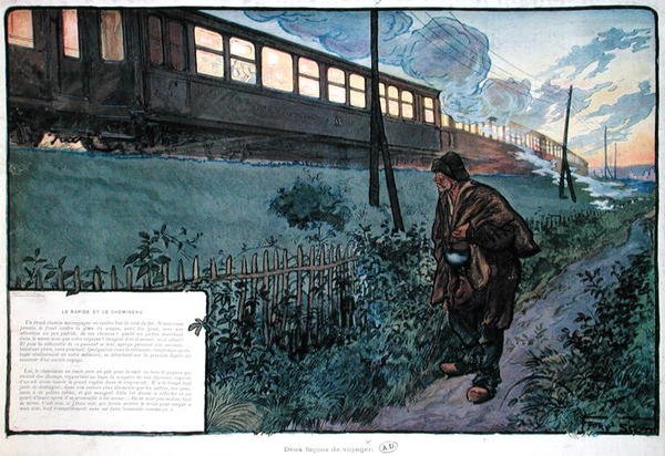 Két utazási mód, az expresszvonat és a csavargó, 20. század eleje (színes litográfia) alkotó: Georges Bertin Scott