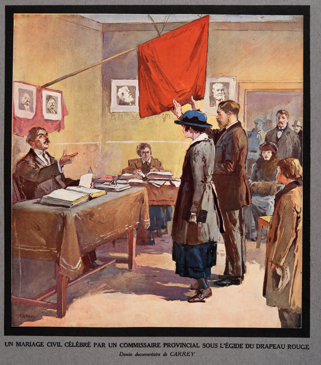 A vörös zászló égisze alatt egy tartományi biztos által végrehajtott polgári házasság, Histoire des Soviets, pub. 1922 (színes litográfia) alkotó: Georges Carrey
