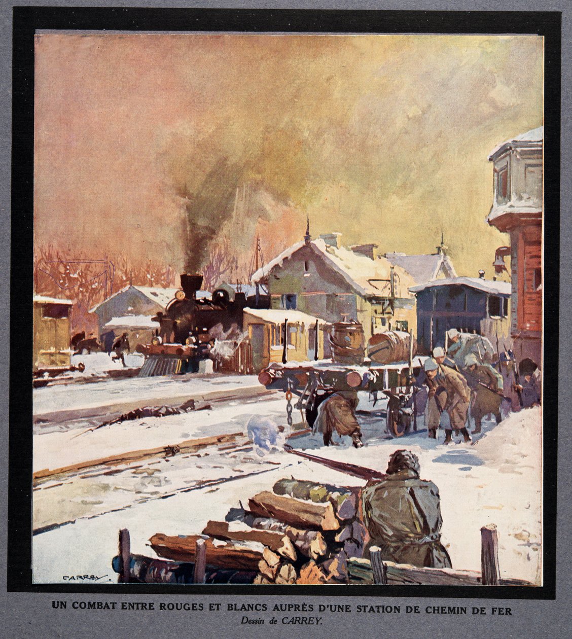 A vörös és a fehér gárda harca egy vasútállomáson, a Histoire des Soviets, pub. 1922 (színes litográfia) alkotó: Georges Carrey