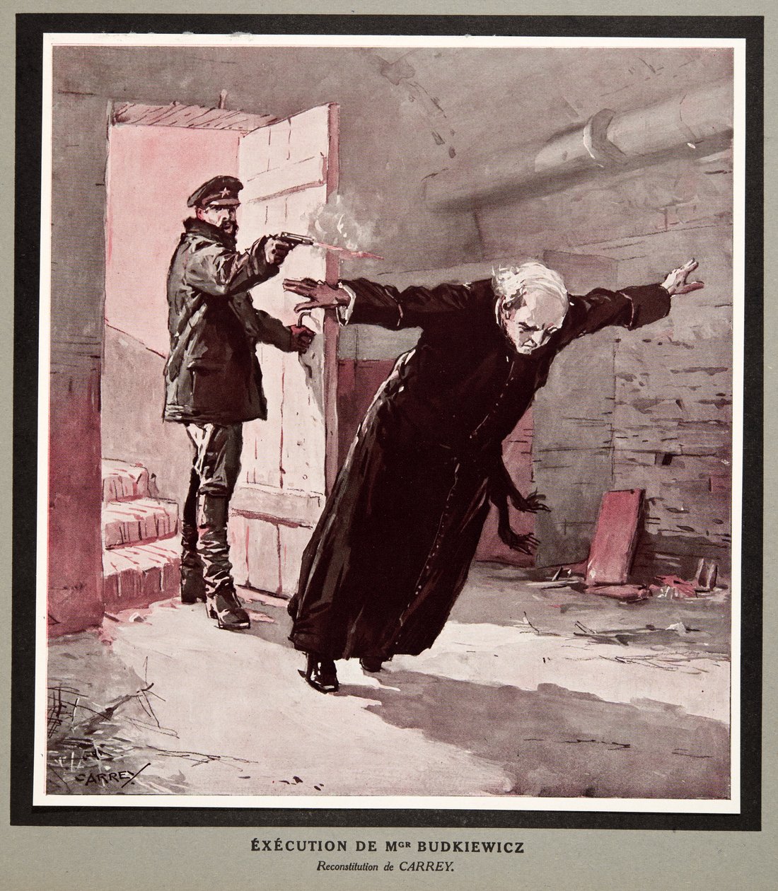 Budkiewicz szerzetes kivégzése az OGPU által, Histoire des Soviets, pub. 1922 (színes litográfia) alkotó: Georges Carrey
