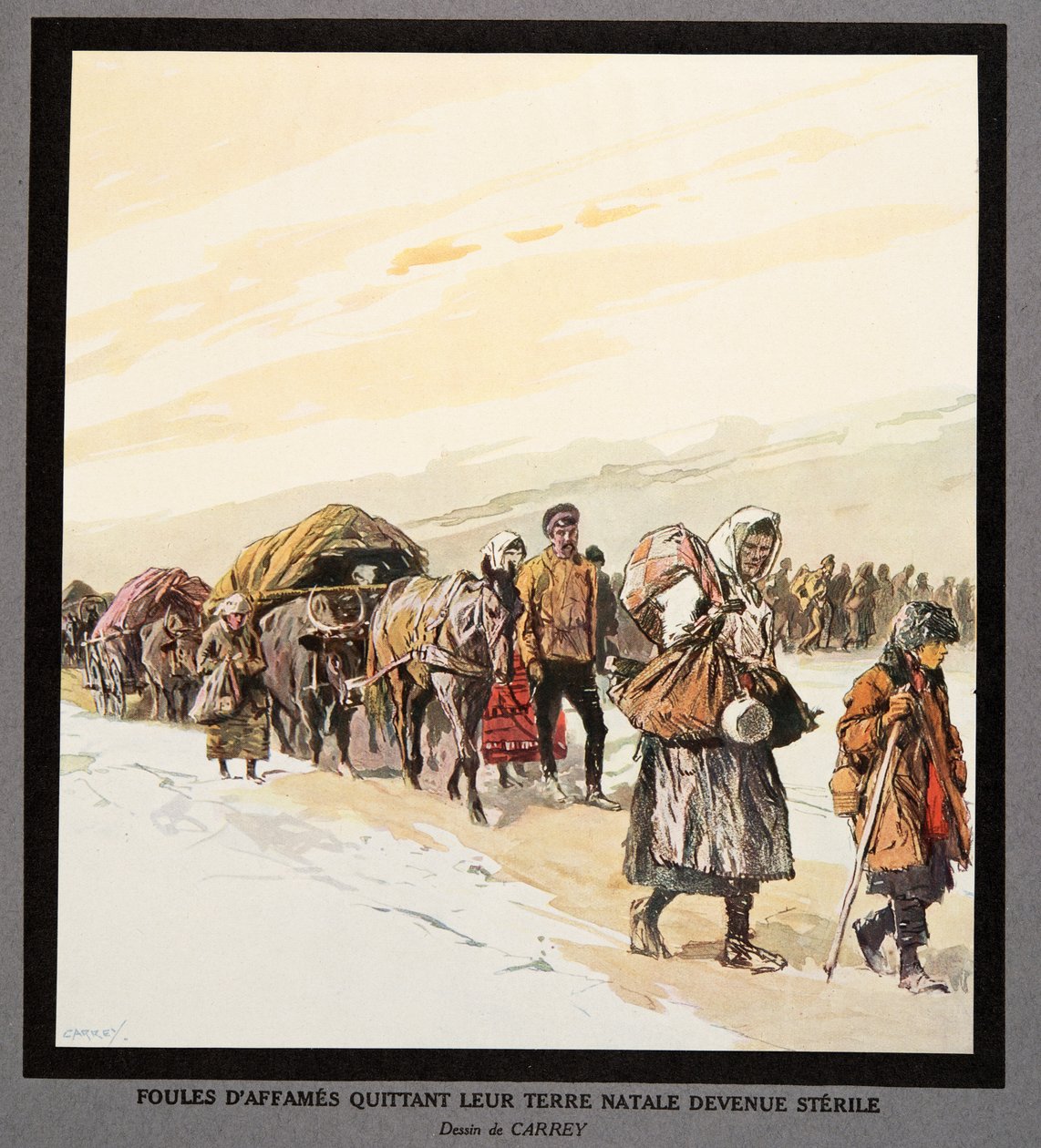 Az éhező emberek kivonulása a hazájukból, a Histoire des Soviets, pub. 1922 (színes litográfia) alkotó: Georges Carrey