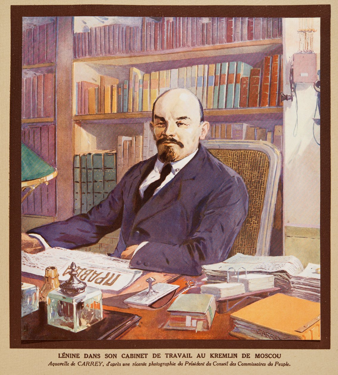 Lenin a moszkvai Kremlben lévő irodájában, a Histoire des Soviets, pub. 1922 (színes litográfia) alkotó: Georges Carrey