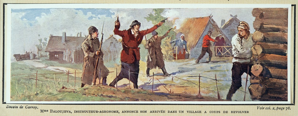 Baloujeva asszony, agronómus, revolverrel jelenti be érkezését egy faluba, Histoire des Soviets, pub. 1922 (színes litográfia) alkotó: Georges Carrey