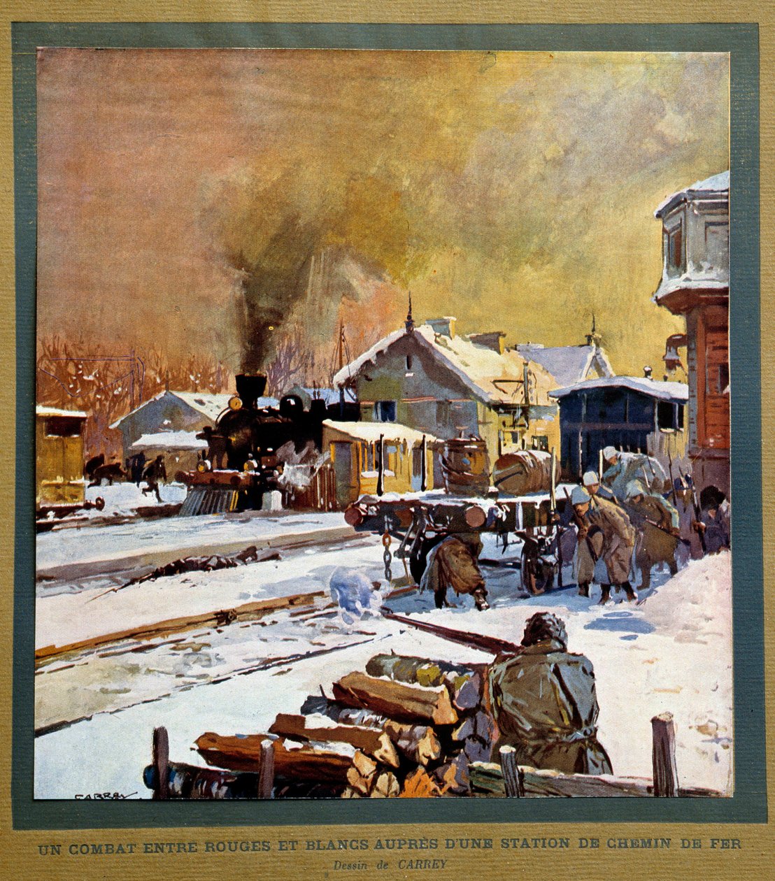 1917-es orosz forradalom: csata a fehérek és a vörösök között a vasútállomás közelében alkotó: Georges Carrey