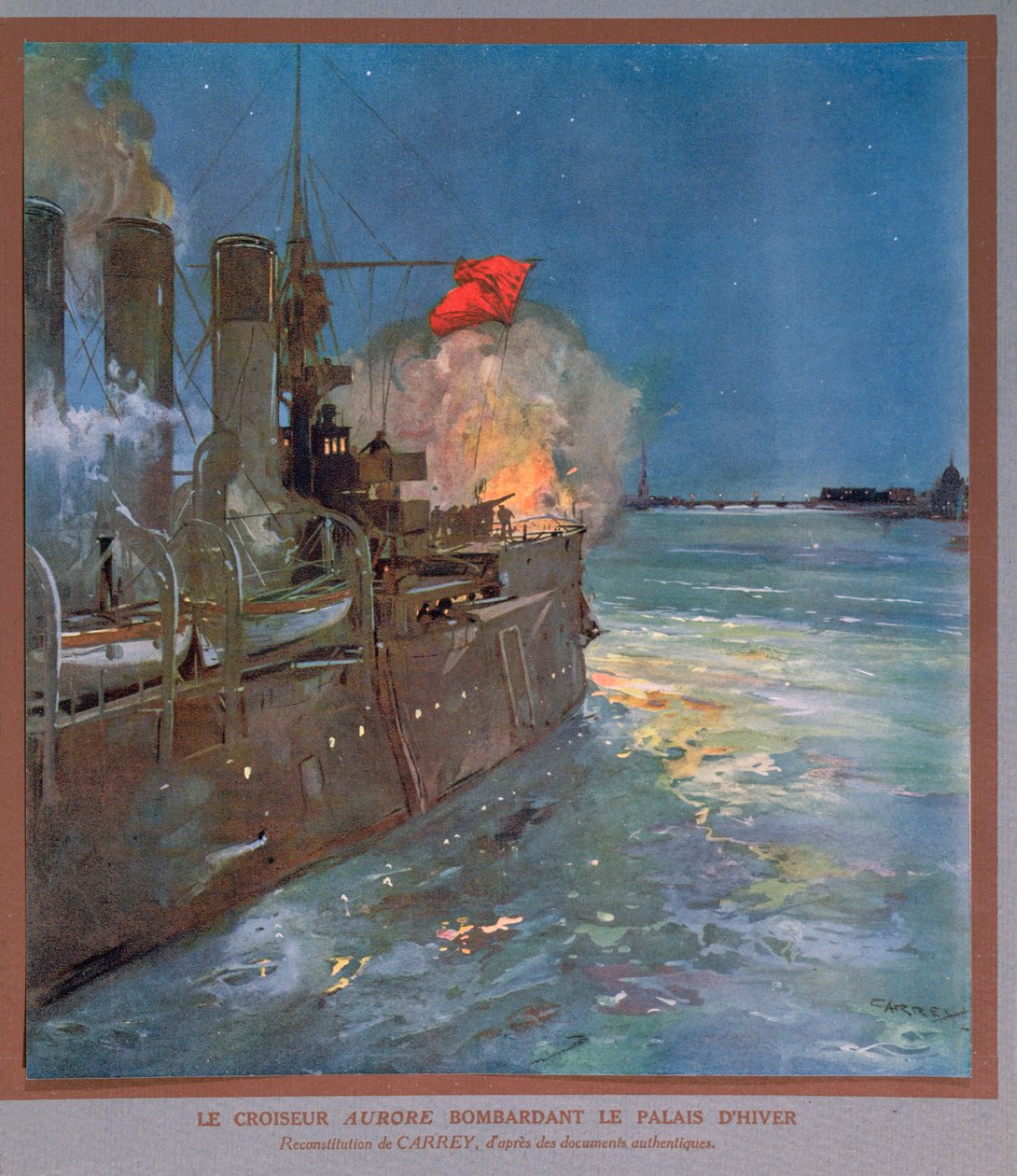 Az Aurora cirkáló a Téli Palotát bombázza, 1923-24 körül (színes litográfia) alkotó: Georges Carrey