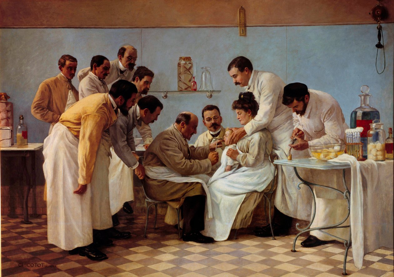 Gyógyszer: "" A burkolat""" Behelyezése egy cső van egy diftériás gyermek. Georges Chicotot festménye (1899 és 1907 között aktív). 20. századi nap. 1,3x1,8 m Musee de l
