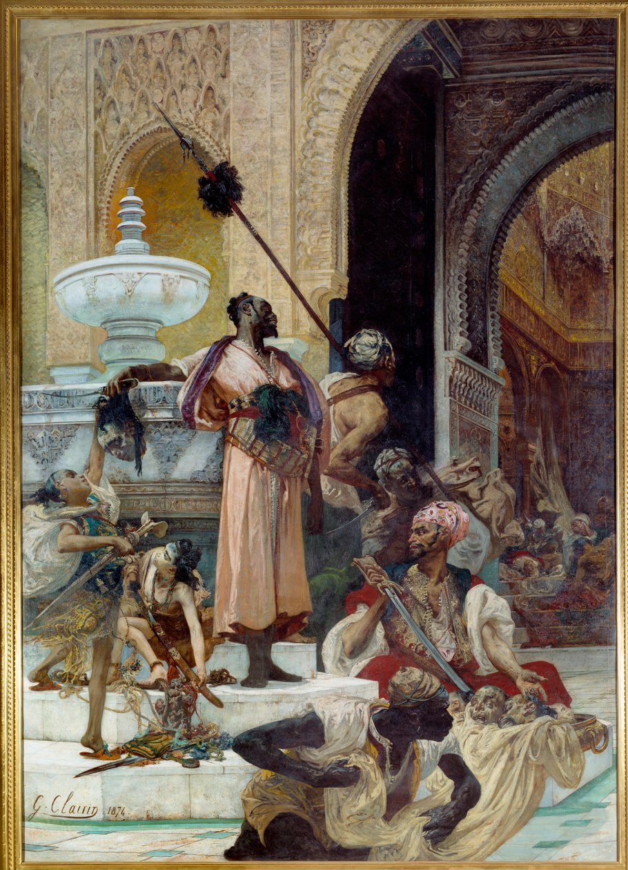 A kegyeletek mészárlása. Az abencerageseket (a 15. századi granadai királyság mór törzse) Boabdil dit Zoghbi (1452-1528) kiirtotta. Georges Jules Victor Clairin festménye (1843-1919) alkotó: Georges Clairin