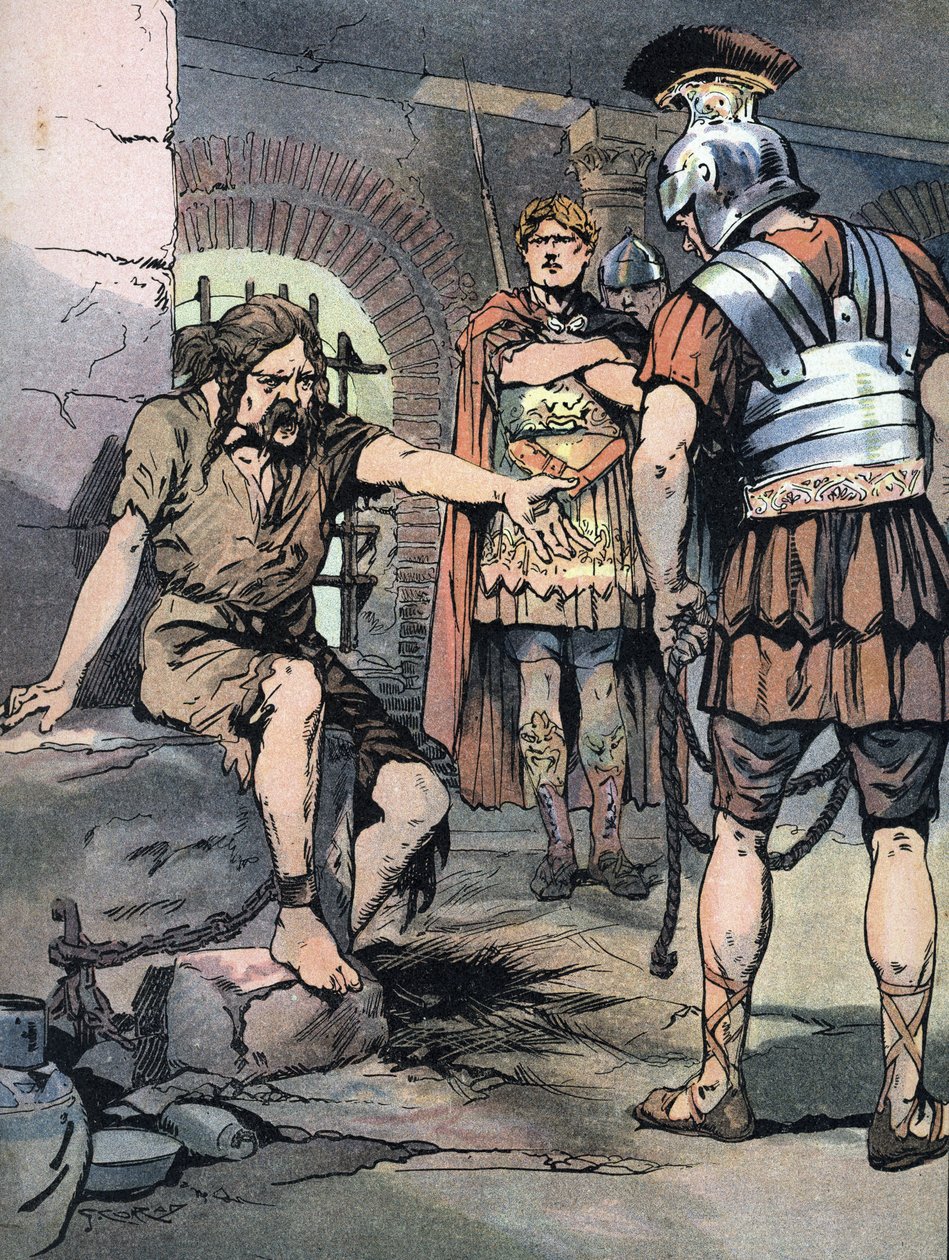 Gallia háború: „” A gall harcos, Vercingetorix fogoly Jules Cesar római fegyvereiben, Tullianum börtöneiben, ie 46” (Gall háborúk: Vercingetorix rab a római Mamertine börtönben Julius Caesar elleni veresége után, ie 46) Illusztráció: alkotó: Georges Conrad