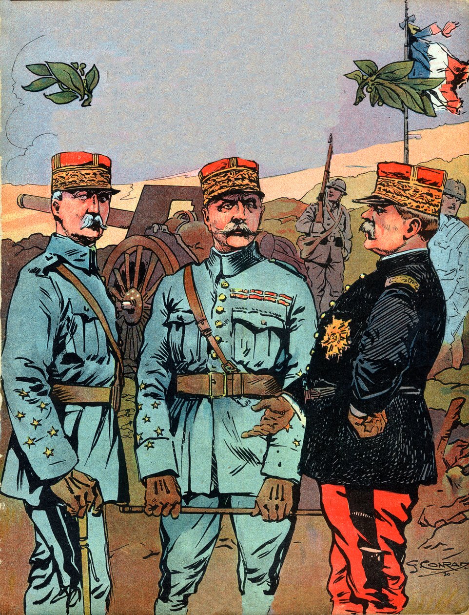 Marechal Joseph Jacques Cesaire Joffre (1852-1931), Marechal Ferdinand Foch (1851-1929) és Marechal Philippe Petain (1856-1951), Franciaország nagy felszabadítói az első világháború alatt - Georges Conrad (1874-1936) illusztrációja a „” Nos-Girestől alkotó: Georges Conrad