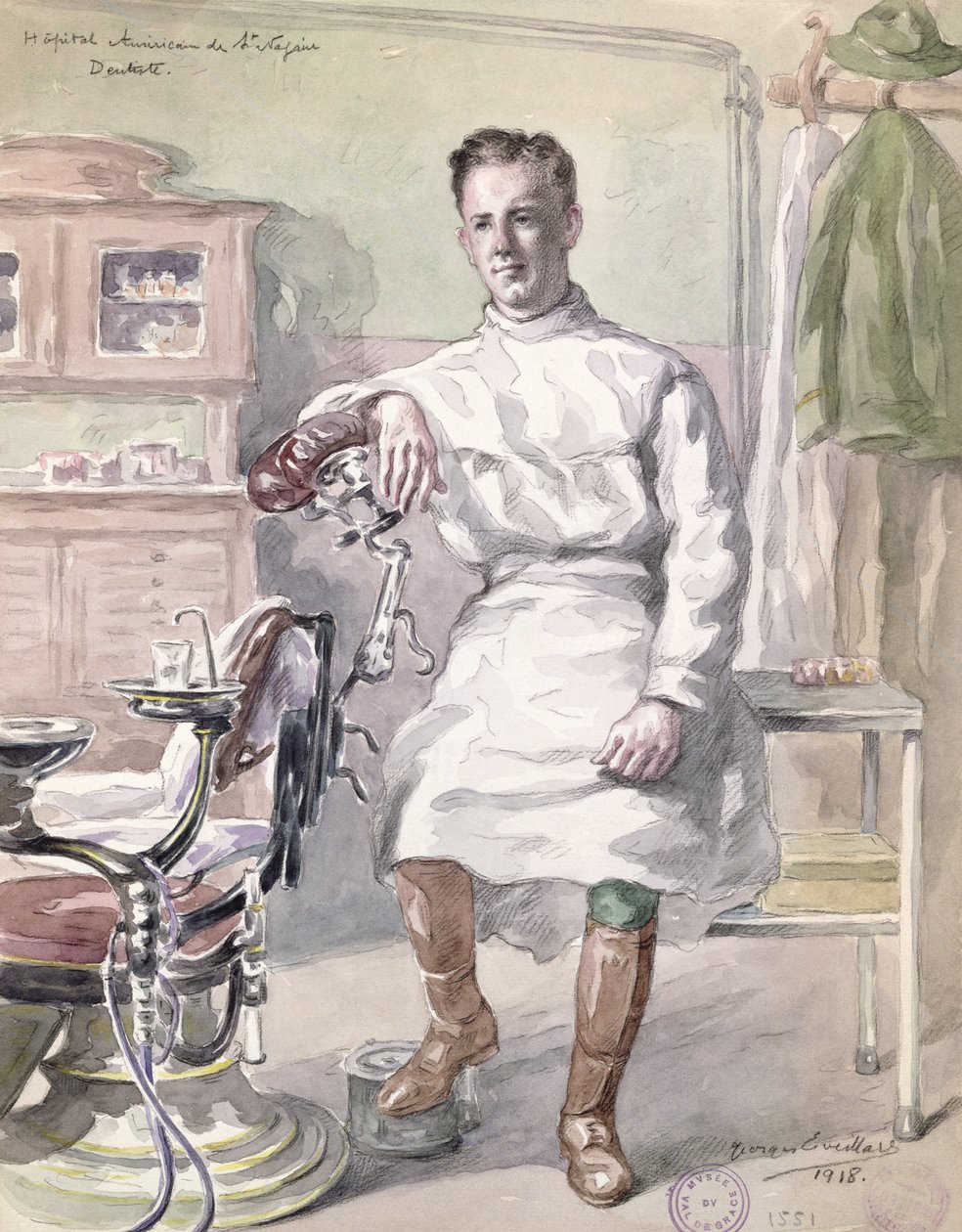 Katonai fogorvos a St. Nazaire amerikai kórházban, 1918 (wc papíron) alkotó: Georges Eveillard
