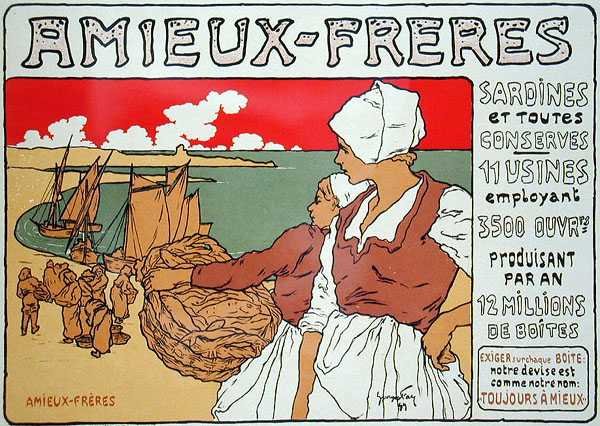 Az „Amieux-Freres”-t, a szardínia és minden befőtt termelőit reklámozó plakát reprodukciója alkotó: Georges Fay