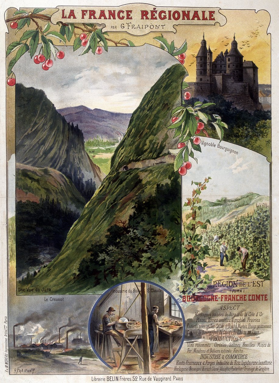 G. Fraipont „” Regionális Franciaország” poszter: Burgundia és Franche-Comté, deb. 20. század alkotó: Georges Fraipont